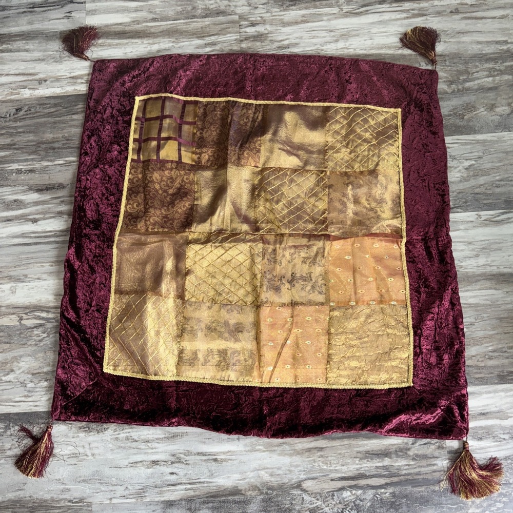 Burgundy maroon Floral Velour Satin tablecloth Throw Tapestry Tassels Metallic